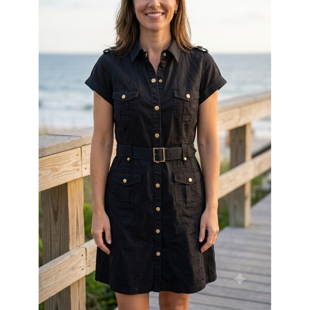 White House Black Market Black Button-Front Midi Shirt Dress with Belt